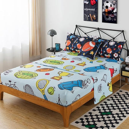 ADASMILE A & S Sports Comforter Set Twin for Boys Kids Bed in A Bag Comforter 6 Piece 3D Soccer Basketball Baseball Football Bedding Set for Kids Football Comforter with Sports Sheet Sets Home Decor