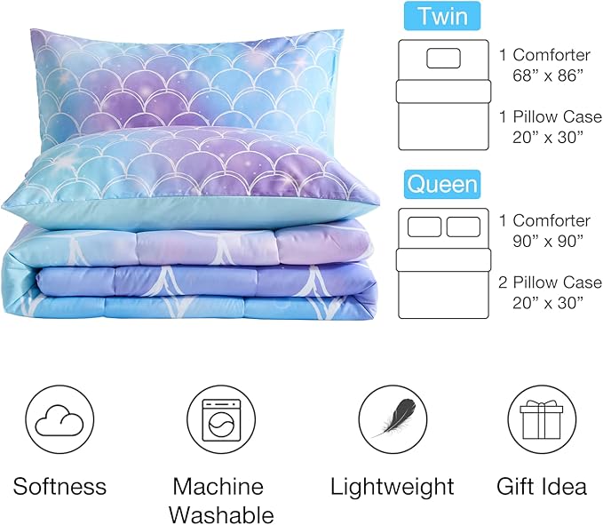 beeweed 3 Piece Kid Comforter Set Queen Size, Colorful Scale Bedding Set for Teen Boys Girls
