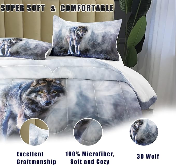 Bodhi Wild Wolf Comforter Set Twin for Boys,Mens Wolf Bedding Set, Wolf Standing in The Forest Surrounded by Fog, Wolf Comforter with Matching Pillowcases, 1 Comforter+1 Pillow Shams #4018