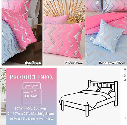 Girls Comforter Set Queen Size Ombre Pink Purple Bedding Colorful Rainbow Comforter for Kids Teen Women,4 Pieces (1 Comforter,2 Pillowcase,1 Decorative Pillow Sham)