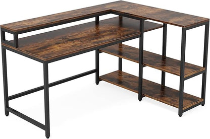Reversible L Shaped Computer Desk with Storage Shelf, Industrial Corner Desk with Monitor Stand for Home Office