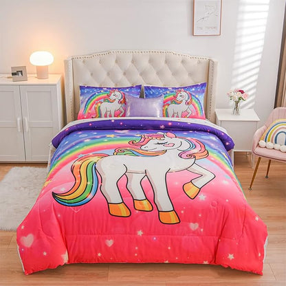 Aimuan Girls Unicorn Comforter Set 6 Pieces Pink Purple Bedding Set with Rainbow Star Galaxy Stars Fantasy Children Room Decor Soft Reversible Bed Sets for Boys/Girls/Teens (Pink-purple Full6Pcs)