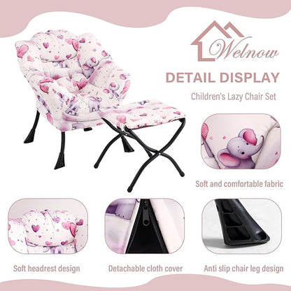 Welnow Toddler Kids Lazy Chair with Ottoman, Glow in The Dark Accent Comfy Lounge Children Armchair Couch with Removable Cover, Detachable Reading Chair with Footrest for Boy or Girl, Pink Elephant