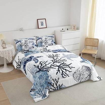 Turtle Comforter Set Queen,White Blue Hawaiian Turtle Bedding for Kids,Reptile Tortoise Quilt Duvet Set Coastal Beach Theme Comforter Retro Sea Turtle Bed Set for Boys Girls Bedroom Decor(Marine life)