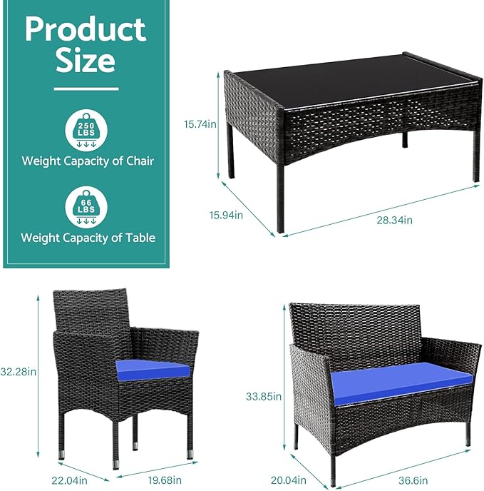 Patio Furniture, 4 Piece Conversation Set, Outdoor Wicker Rattan Table and Chairs, Sectional Sofa with Thick Cushion for Garden, Yard, or Porch, Dark Brown