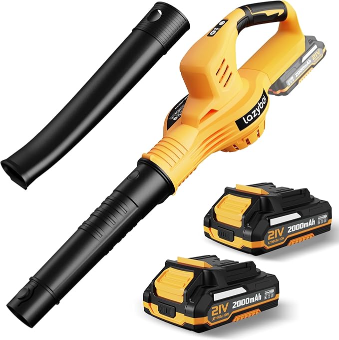 Leaf Blower Cordless - 21V Electric Cordless Leaf Blower with 2 Batteries and Charger, 2 Speed Mode, 2.0Ah Lightweight Battery Powered Leaf Blowers for Lawn Care, Patio, Blowing Leaves Lemon Yellow