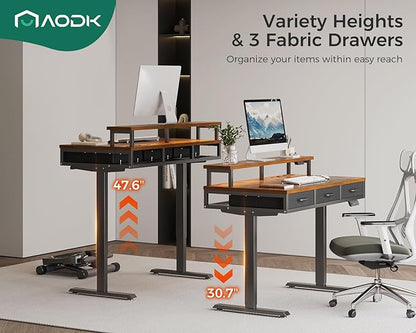 AODK 47 Inch Electric Standing Desk with 3 Drawers, Brown, Height Adjustable Desk with Power Outlets & LED Lights, Stand Up Desk with Monitor Shelf, Sit Stand Desk Computer Workstation