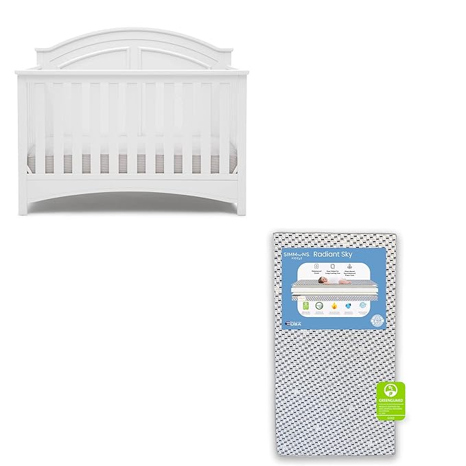 Delta Children Perry 6-in-1 Convertible Crib - Greenguard Gold Certified, Bianca White + Simmons Kids Radiant Sky Dual Sided Baby Crib Mattress and Toddler Mattress (Bundle)