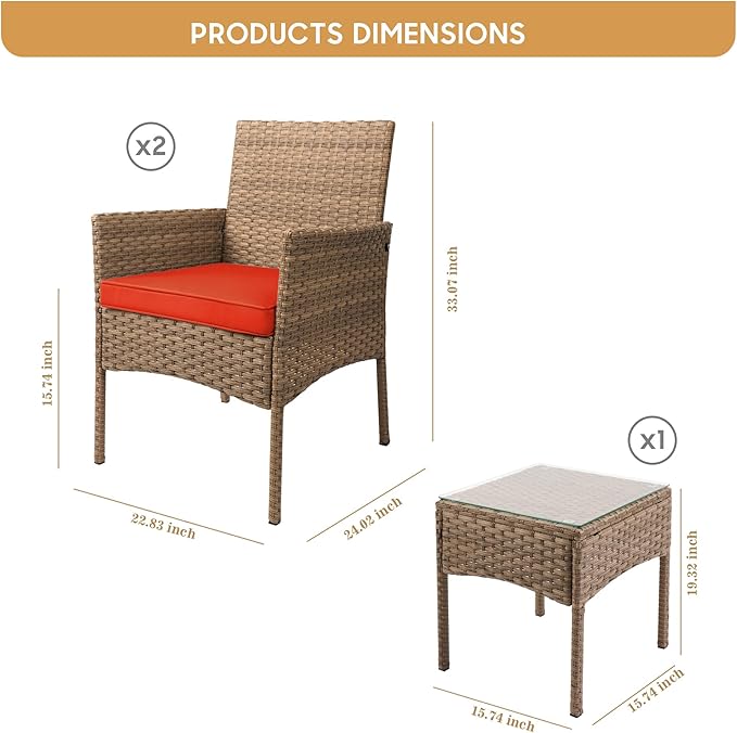 YIYAN 3 Pieces Patio Bistro Set Outdoor Wicker Furniture Outdoor Porch PE Rattan Wicker Chairs Furniture Sets with Sofa Chairs,Glass Coffee Table and Red Washable Cushion