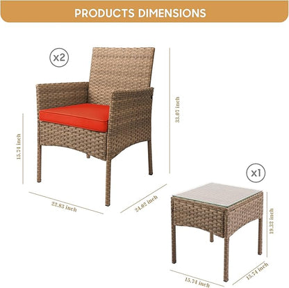 YIYAN 3 Pieces Patio Bistro Set Outdoor Wicker Furniture Outdoor Porch PE Rattan Wicker Chairs Furniture Sets with Sofa Chairs,Glass Coffee Table and Red Washable Cushion