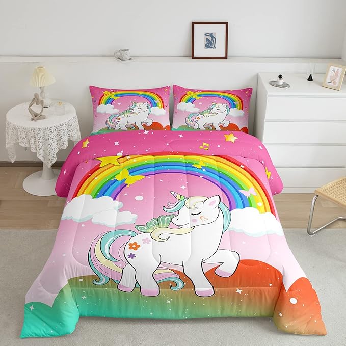 Girls Unicorn Comforter Set Full Size Kawaii Cute Unicorn Bedding Sets Ombre Starry Sky Down Comforter Cartoon Horse Quilt Colorful Rainbow Butterfly Reversible Comforters & Sets Bedroom Decor,3Pcs