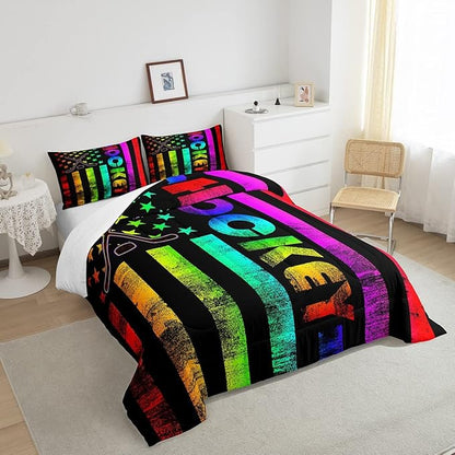 Erosebridal Boys Ice Hockey Bedding Set Queen Neon Rainbow American Flag Comforter Set For Kids Teen,Winter Sports Games Bed Comforter Set Retro Colorful Stripes Stars Quilt Duvet 2 Pillow Cases Black