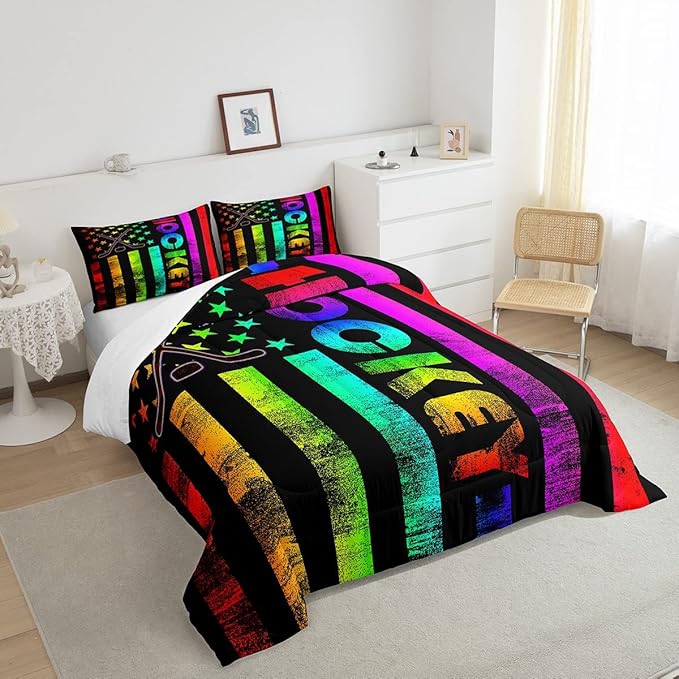 Erosebridal Boys Ice Hockey Bedding Set King Neon Rainbow American Flag Comforter Set for Kids Teen,Winter Sports Games Bed Comforter Set Retro Colorful Stripes Stars Quilt Duvet 2 Pillow Cases Black