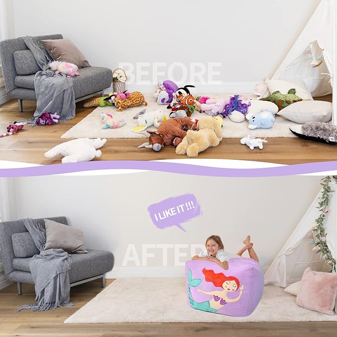 Aubliss Unicorn Stuffed Animal Storage Bean Bag Chair for Kids, Velvet Extra Soft Beanbag Chairs Cover, X-Large Stuffable Zipper Bean Bag for Organizing Plush Toys Girls Bedroom Decor, Purpl