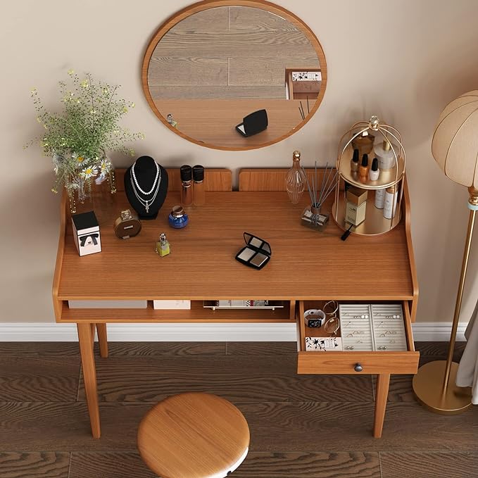 Vintage-style Desk with Scandinavian Flair, Computer or Laptop Desk, Writing Desk with Drawer and Open Storage Cubby, Small Space Dressing Table.