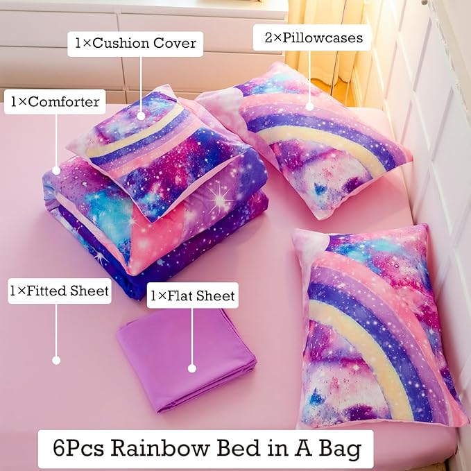 6Pcs Teen Pink Bedding Set Full for Girls, 3D Tie Dye Comforter Pink Colorful Rainbow Kids Comforter Set, Ultra Soft Pastle Nebula Printed Bed in A Bag with Sheets