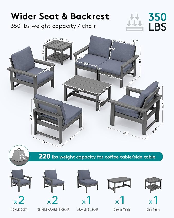 SERWALL HDPE Patio Coversation Set, 7-piece Outdoor Sectional Sofa Set, All Weather Patio Couch Set Patio Furniture for Balcony, Deck, Grey Frame with Grey Cushion
