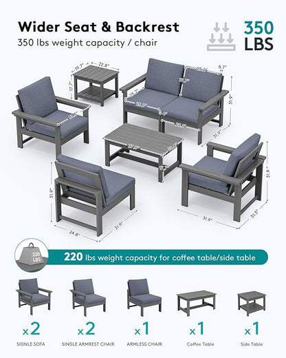 SERWALL HDPE Patio Coversation Set, 7-piece Outdoor Sectional Sofa Set, All Weather Patio Couch Set Patio Furniture for Balcony, Deck, Grey Frame with Grey Cushion