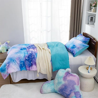 Holawakaka Tie Dye Galaxy Constellation Print Ombre Comforter Set Twin/Twin XL Size Girls Boys Dorm Gradient Space Stars Bedding Set (Blue Purple, Twin)