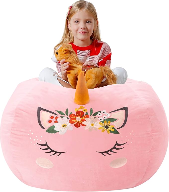 Aubliss Stuffed Animal Storage, Velvet Bean Bag Chairs Cover, X-Large 38" Ultra Soft Kids Toy Storage Organizer for Blankets Towels Clothes, Unicorn Pink Floral
