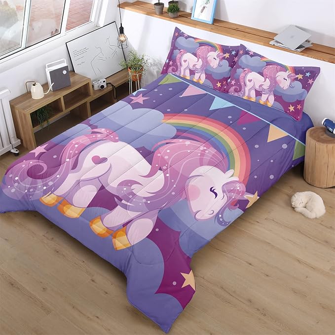Unicorn Twin Bedding Sets for Girls Kids Comforter Set Twin Size with 2 Pillowcases Purple Rainbow Glittering Unicorn Room Decor for Girls Bedroom Ultra Soft Machine Washable Toddler Bed Set