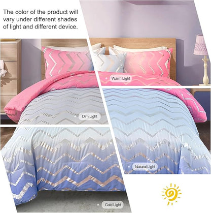 Girls Comforter Set Twin Size Ombre Pink Purple Bedding Rainbow Comforter for Kids Teen Women,3 Pieces (1 Comforter,1 Pillowcase,1 Decorative Pillow Sham)