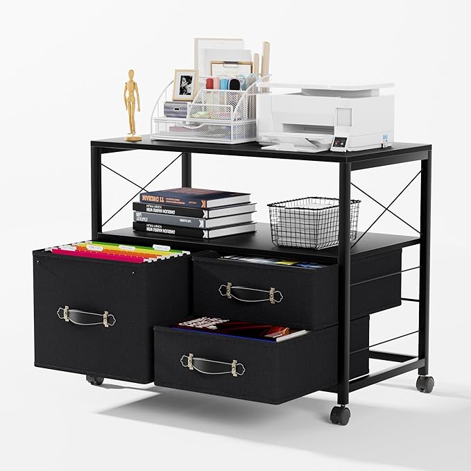 VECELO 3 Mobile File Cabinet Rolling Printer Stand with Open Shelf, Fabric Lateral Storage Station for Home Office,Drawer Adapts Letter Size Hanging Folders, Black