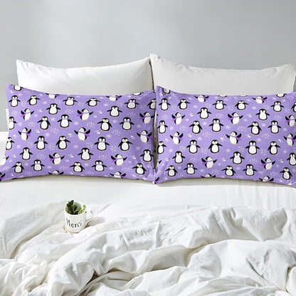 Penguin Comforter Set Full Size Kawaii Penguin Down Comforter Antarctic Animal Bedding Set for Kids Boys Girls Teens Cartoon Cute Winter Quilt Set Snowflake Pattern Duvet Set Room Decor, Purple