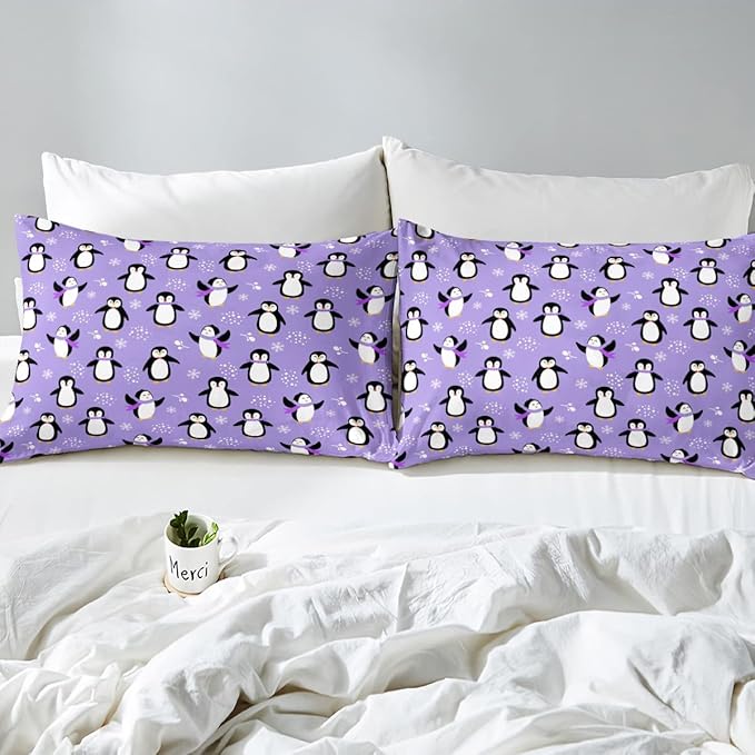 Penguin Comforter Set Twin Size Kawaii Penguin Down Comforter Antarctic Animal Bedding Set for Kids Boys Girls Teens Cartoon Cute Winter Quilt Set Snowflake Pattern Duvet Set Room Decor, Purple