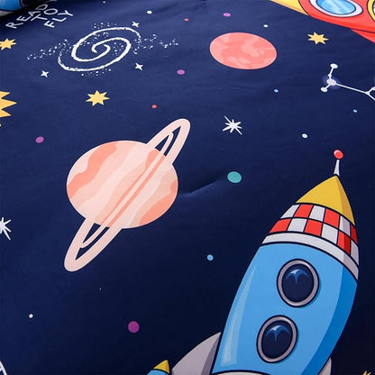 Aimuan Twin Comforter Set Kids Space Rocket Bedding Set Super Soft & Cute Aliens UFO Printed for Teen Boys Girls (Navy, Twin)