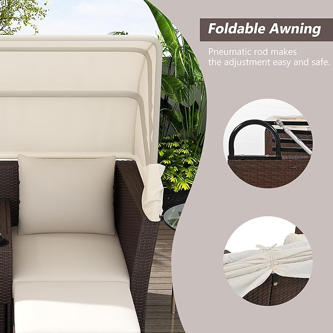 2-Seater Outdoor Patio Convertible Sunbed, All Weather Rattan Double Daybed Couch Foldable Awning, Cushions and Storage Boxes, Loveseat Sofa Set for Garden, Poolside, Balcony, Ab-Beige