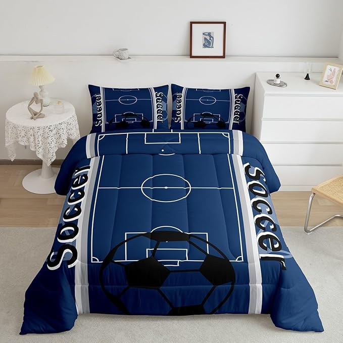 Feelyou Kids Soccer Ball Game Comforter Set Queen Size Rugby Sports Bedding Set for Boys Girls Teens Bedroom Decor Football Comforter Football Lover Duvet Set with 2 Pillow Case