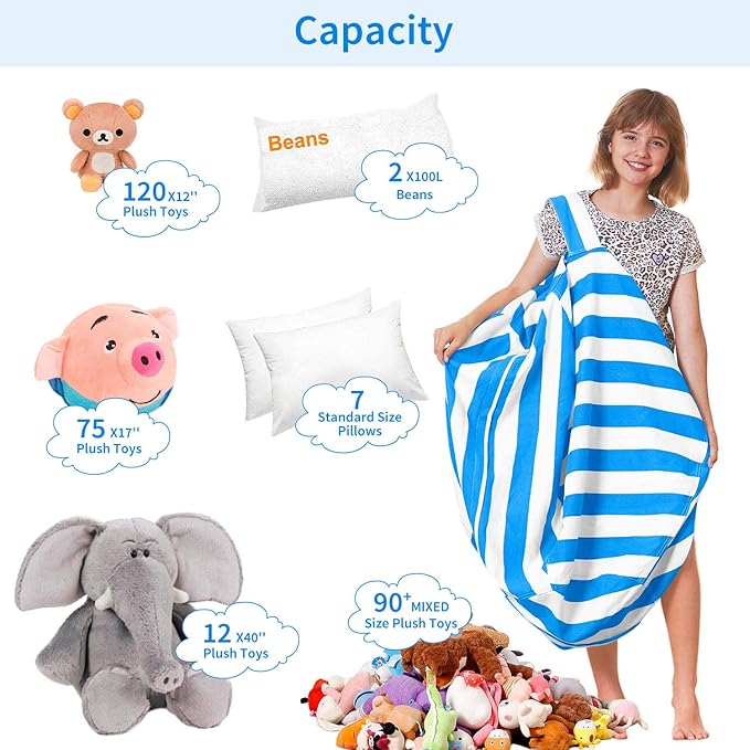 Aubliss Stuffed Animal Bean Bag Storage Chair (Blue/White Striped, Large (38''))
