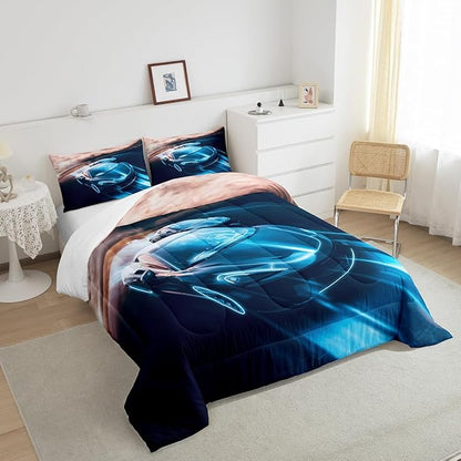 Erosebridal Sports Car Queen Comforter Set, Racing Car Cool Speed Bedding 3pcs for Kids Boys Teens Bedroom Decor, Race Car Blue and Black Print Bedding Comforters & Sets, 1 Comforter 2 Pillowcases