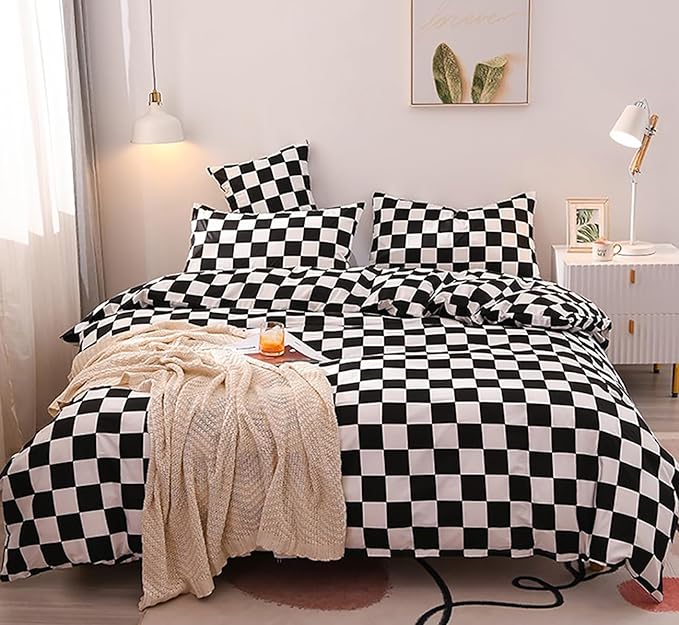Black White Grid Comforter Set Cal King Black Plaid Bedding Set Women Black and White Checkered Bed Comforter Set Breathable Blanket Set Men Durable Bedding Comforter Set