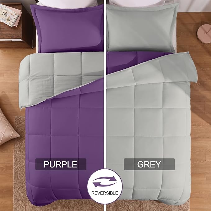 Basic Beyond Twin Comforter Set for Girls and Boys - Fluffy Twin Bed Comforter Set for All Seasons - Reversible Kids Twin Comforter Set - 2 Pieces (1 Comforter + 1 Pillow Sham) - Purple/Grey