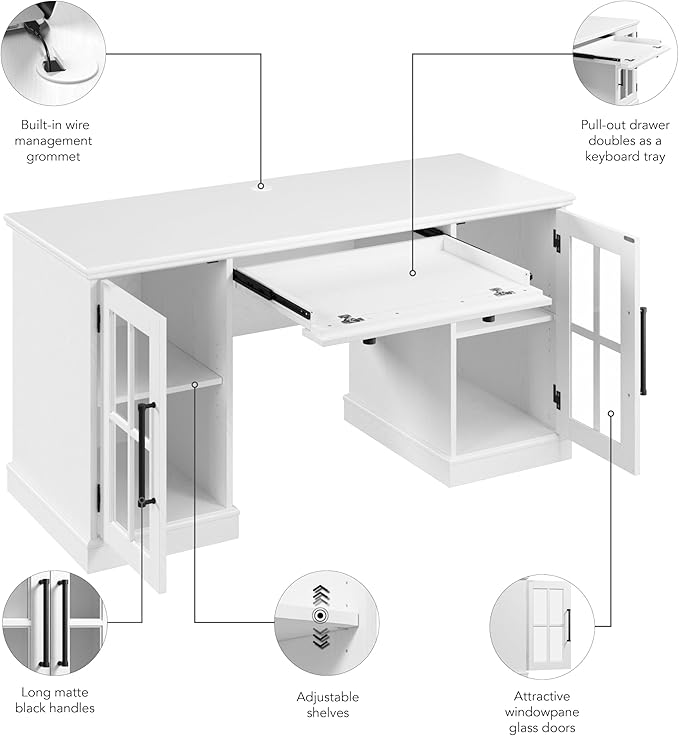 Bush Furniture Westbrook 60W Computer Desk with Storage and Keyboard Tray in White Ash | Farmhouse Desk for Home Office Workspace
