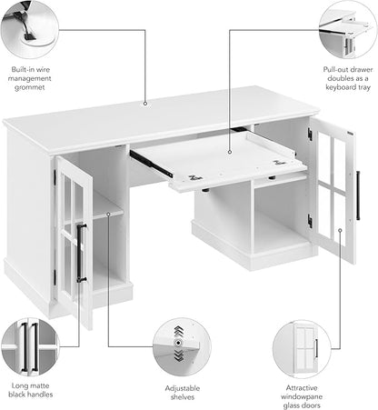 Bush Furniture Westbrook 60W Computer Desk with Storage and Keyboard Tray in White Ash | Farmhouse Desk for Home Office Workspace