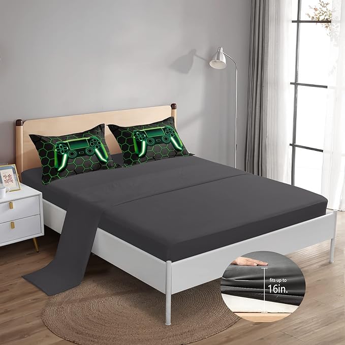 6 Pieces Gaming Bedding Set for Boys Gamer Comforter Set Full Size,Video Game Comforter for Kids Adult 3D Gaming Geometric Microfiber Bedding Sets 6 Pieces Bed in A Bag Sets H50021,Full
