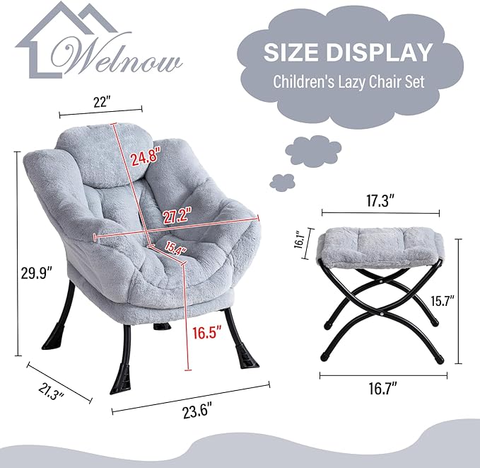Welnow Toddler Kids Lazy Chair with Ottoman, Accent Comfy Lounge Children Armchair Couch with Armrest and Removable Cover, Detachable Reading Chair with Footrest for Boy or Girl, Plush Grey
