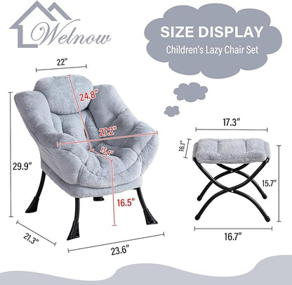 Welnow Toddler Kids Lazy Chair with Ottoman, Accent Comfy Lounge Children Armchair Couch with Armrest and Removable Cover, Detachable Reading Chair with Footrest for Boy or Girl, Plush Grey