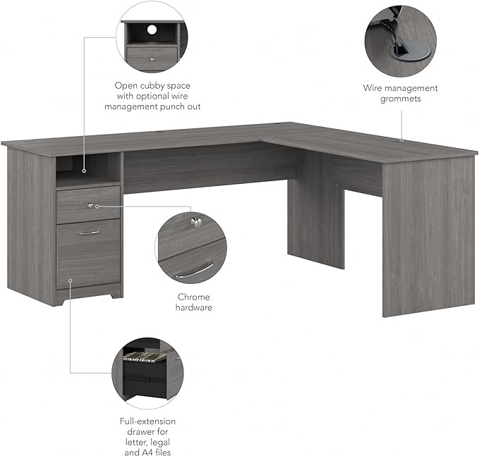 Bush Furniture L Shaped Desk with Drawers for Executive and Home Office | Cabot Collection Corner Table with Storage and Chrome Hardware Return, 72W, Modern Gray