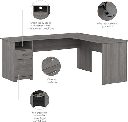 Bush Furniture L Shaped Desk with Drawers for Executive and Home Office | Cabot Collection Corner Table with Storage and Chrome Hardware Return, 72W, Modern Gray