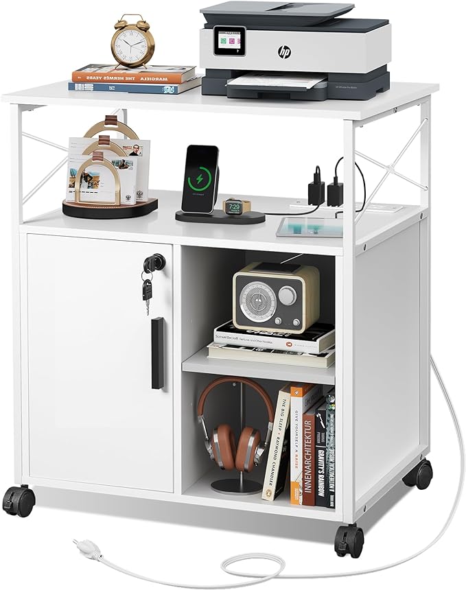 DEVAISE File Cabinet with Charging Station, Lockable Lateral Filing Cabinets for Home Office, Printer Cabinet Accommodates A4/Letter size file folders, White