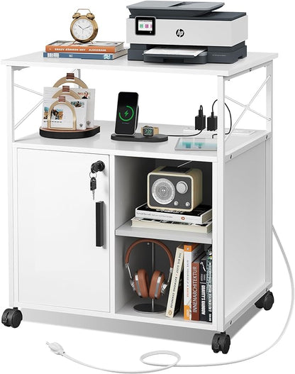 DEVAISE File Cabinet with Charging Station, Lockable Lateral Filing Cabinets for Home Office, Printer Cabinet Accommodates A4/Letter size file folders, White