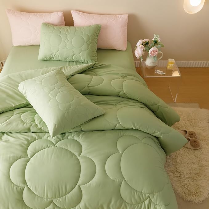Sage Flower Comforter Full Green Sunflower Print Bed Full Comforter Set 3 Pieces Green Floral Comforter Set for Boys Girls Teens Bedroom Decor All Season Hotel Quality Comforter Set