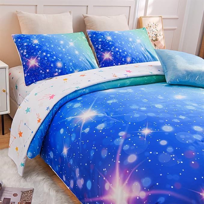 A Nice Night 6Pcs Gradient Glitter Bedding Set for Girls, Colorful Rainbow Galaxy Comforter Set, Ultra Soft Bedding Sets (Blue-Green,Full 6Pcs)