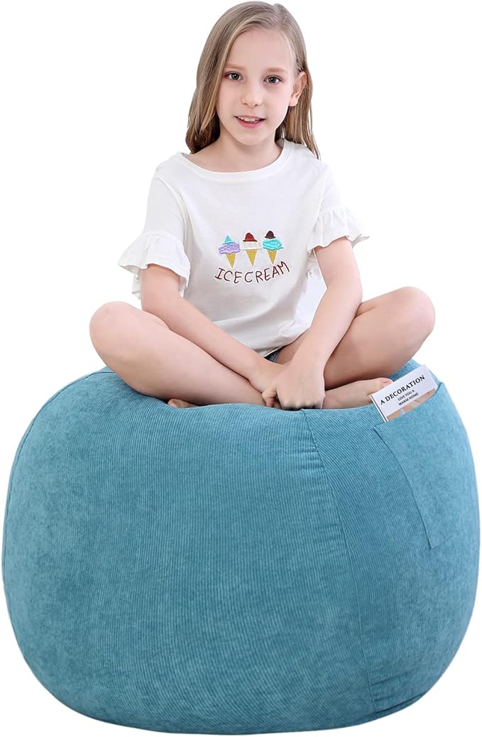 Stuffed Animal Storage Bean Bag Chair Cover (No Filler) for Kids and Adults.Soft Premium Corduroy Stuffable Beanbag for Organizing Children Plush Toys or Memory Foam Small 100L(LightBlue)