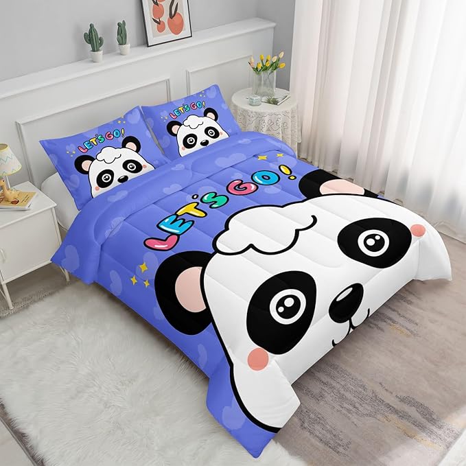 Datura home Panda Comforter Bedding Set for Boys Girls Kids Teens,Cartoon Panda Blue Heart Kawaii Animal Theme with 1 Comforter and 2 Pillowcases(Panda Queen)