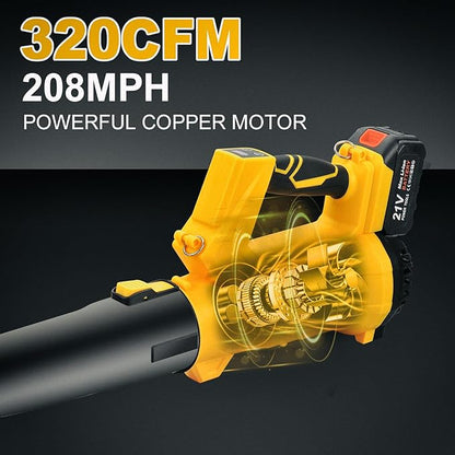 Cordless Leaf Blower - 320CFM 208MPH 21V Electric Handheld Leaf Blower with 5.2Ah Battery and Charger, 6 Variable Speed Leaf Sweeper for Leaves, Snow Debris, Dust, Yard Cleaning (Yellow)